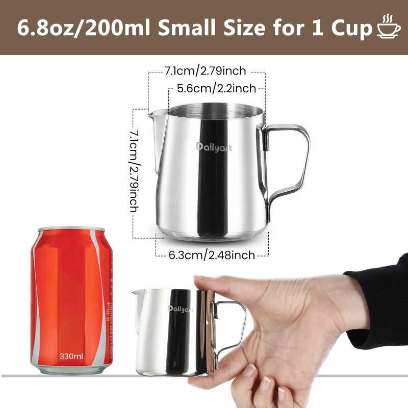DAILY ART Milk Frothing Pitcher, Dailyart 6.8oz/200ml Milk Frother Cup 304 Stainless Steel Steaming Pitcher With Internal Scale, Espresso Accessories, Frother Pitchers For Espresso Machine Cappuccino Latte Art - Image 3